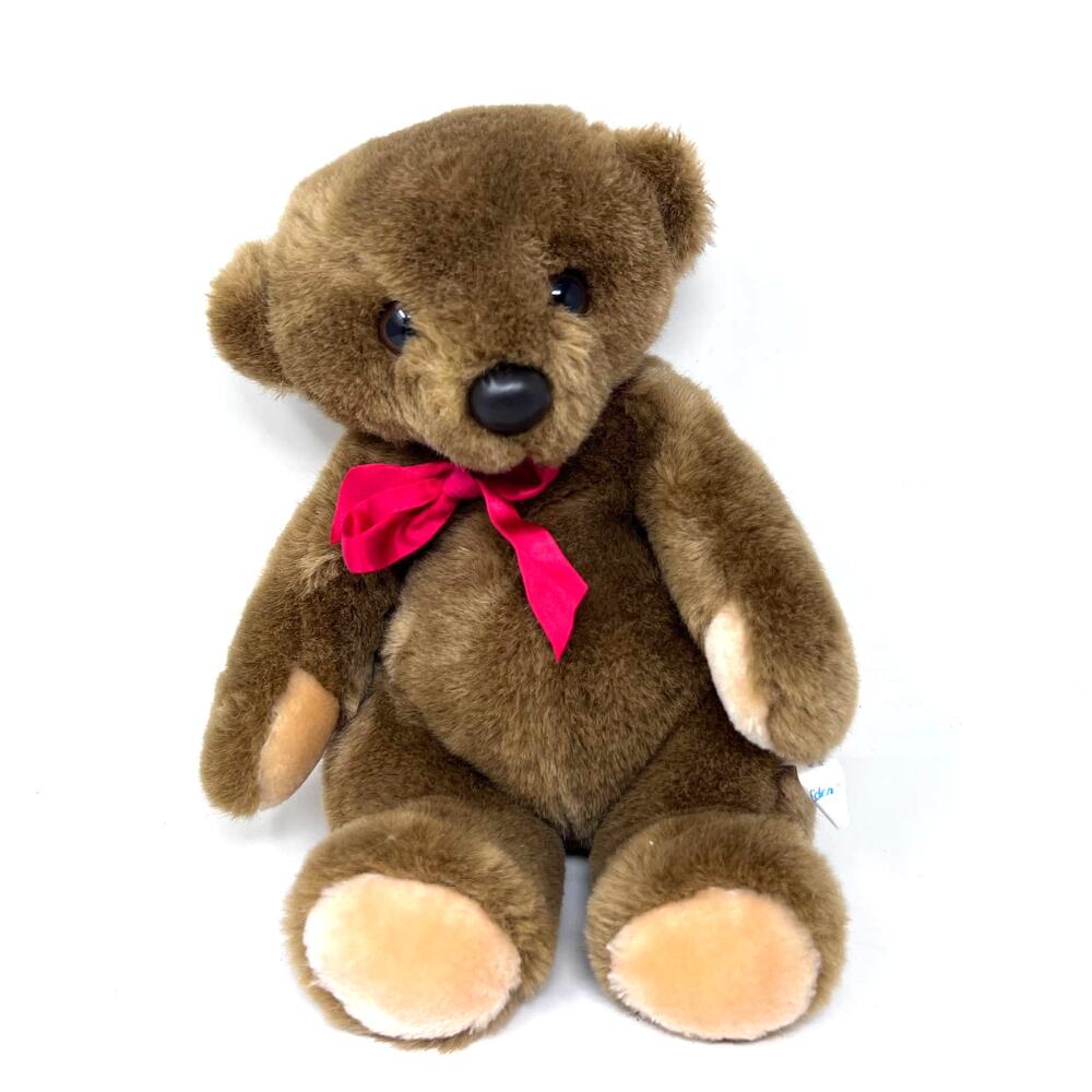 Vintage Eden Teddy Bear Plush Brown Tan 11" Lovey Red Satin Bow Korea‎